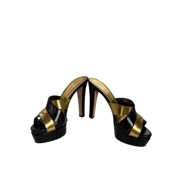 Sergio Rossi Black/Gold Leather Mule Woman’s High Shoes Size 38 - Picture 3 of 9